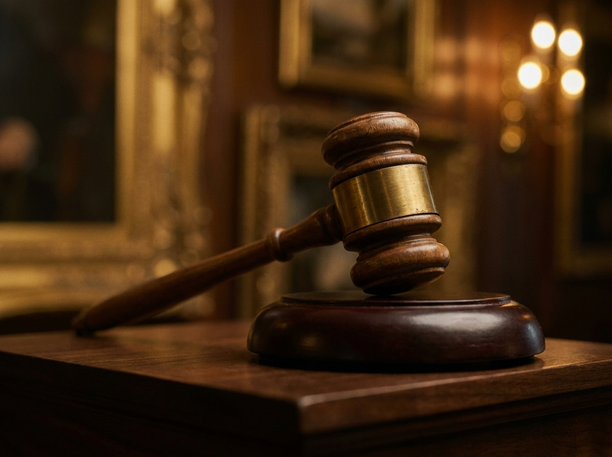 An auction gavel resting on a rostrum in warm low light
