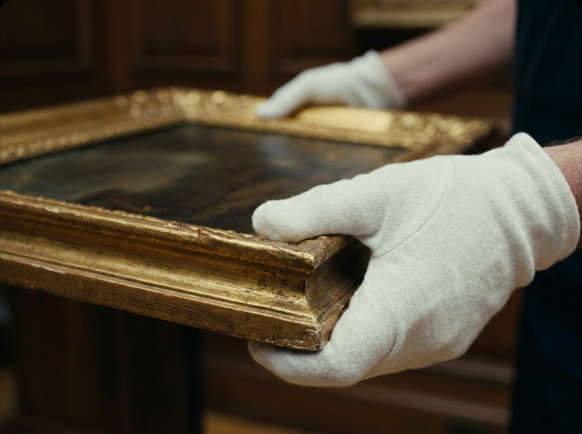 Gloved hands handling a framed work inside a vault