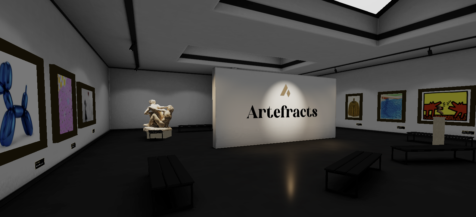 The LiveArt vault gallery in VR, six blue-chip works hung under glass