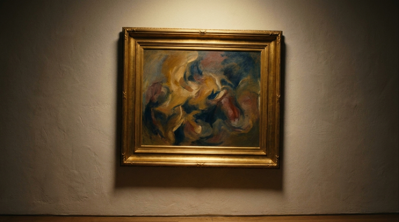 A dim gallery interior with a single large painting under a picture light