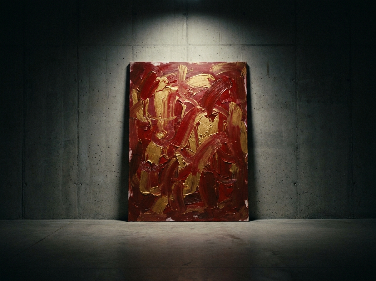 A red and gold canvas detail lit from one side